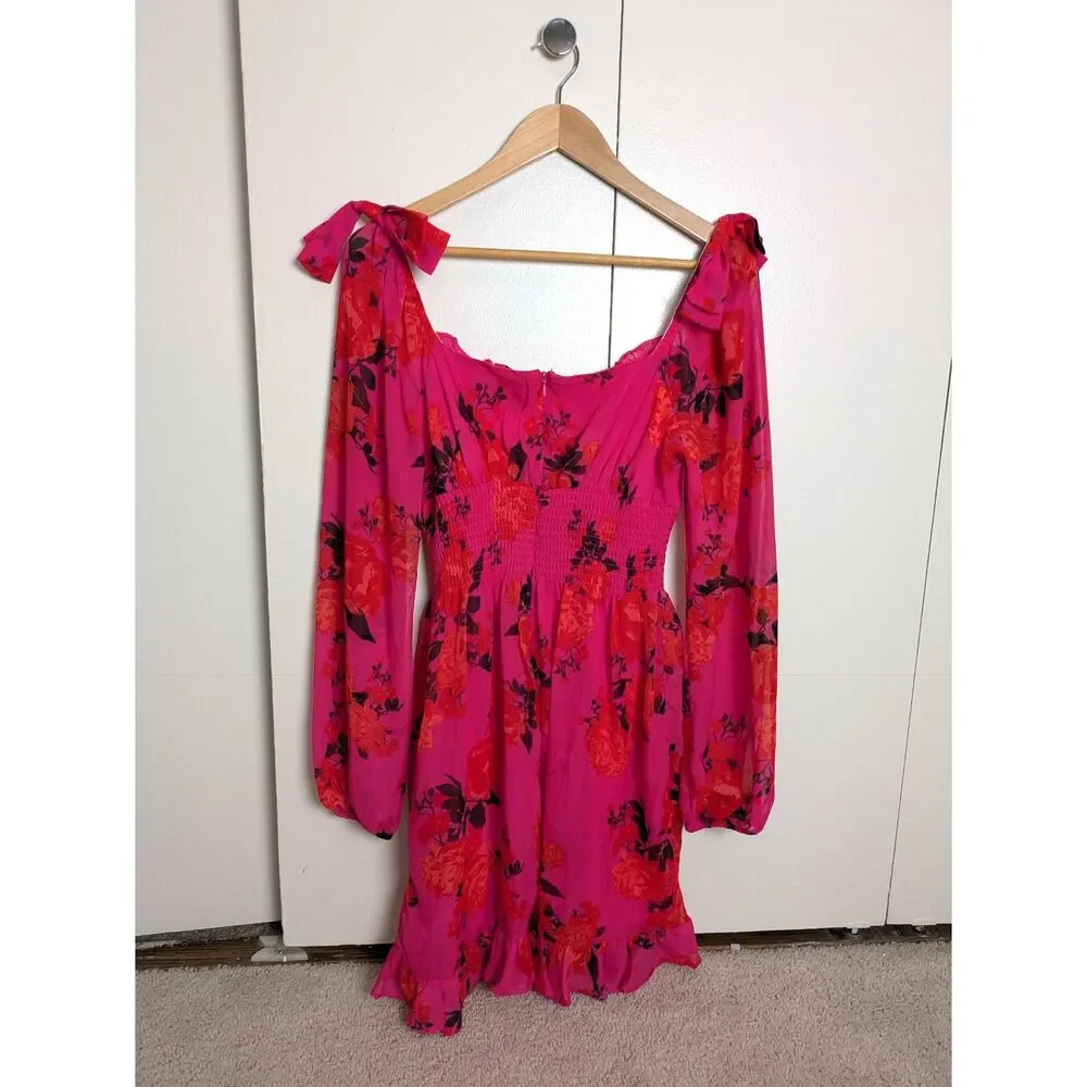 Betsey Johnson Smocked Hot Pink Floral Babydoll Mini Dress w/ Long Sleeves Sz 6 - Picture 4 of 8